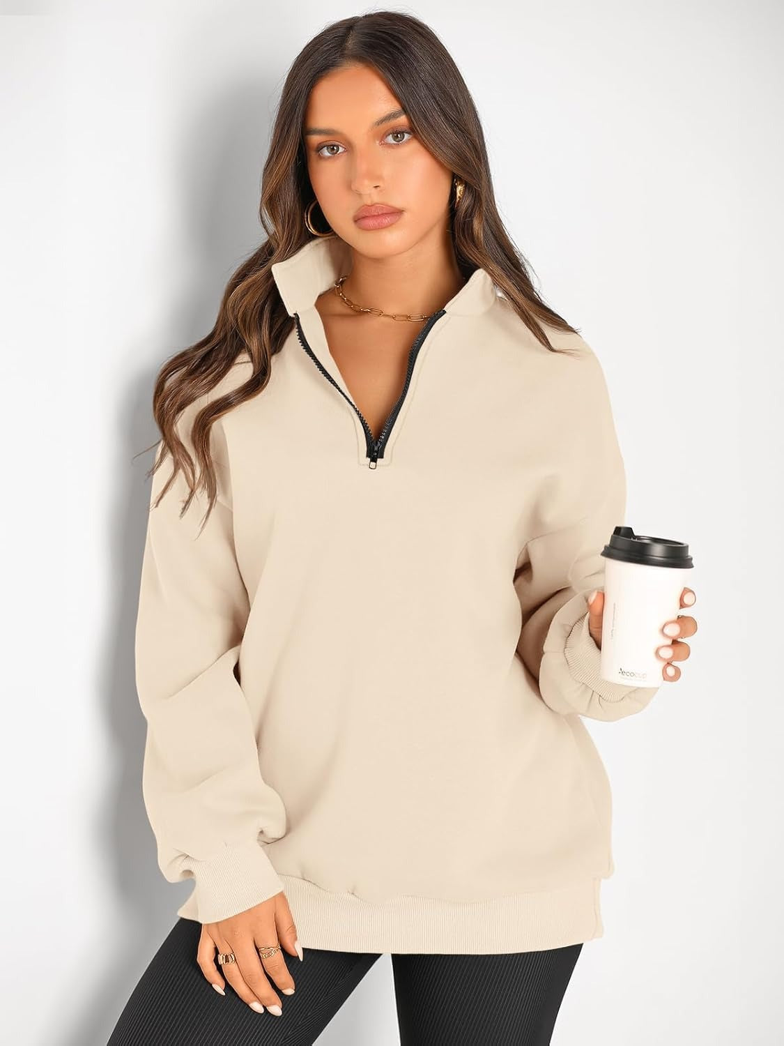 Women’s Oversized Half-Zip Pullover – Cozy Fleece Hoodie with Drop Shoulder & Quarter-Zip Design – Casual Fall and Winter Sweatshirt