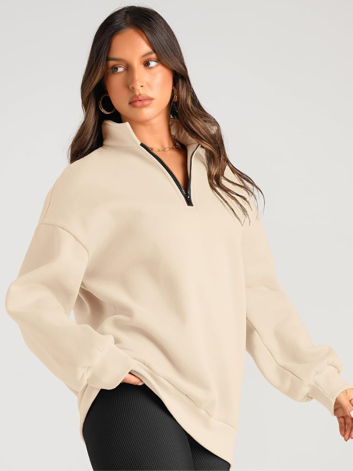 Women’s Oversized Half-Zip Pullover – Cozy Fleece Hoodie with Drop Shoulder & Quarter-Zip Design – Casual Fall and Winter Sweatshirt