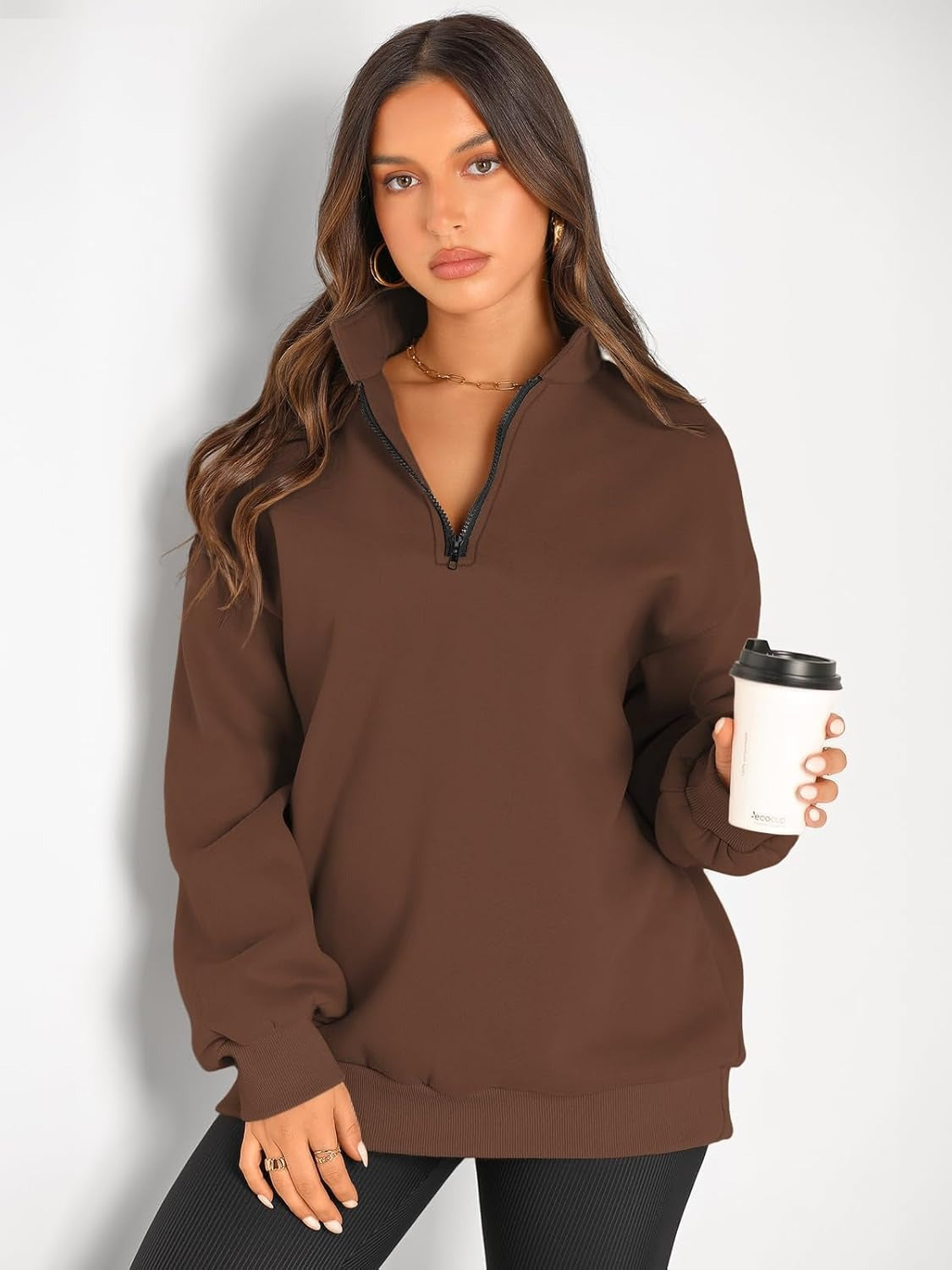 Women’s Oversized Half-Zip Pullover – Cozy Fleece Hoodie with Drop Shoulder & Quarter-Zip Design – Casual Fall and Winter Sweatshirt