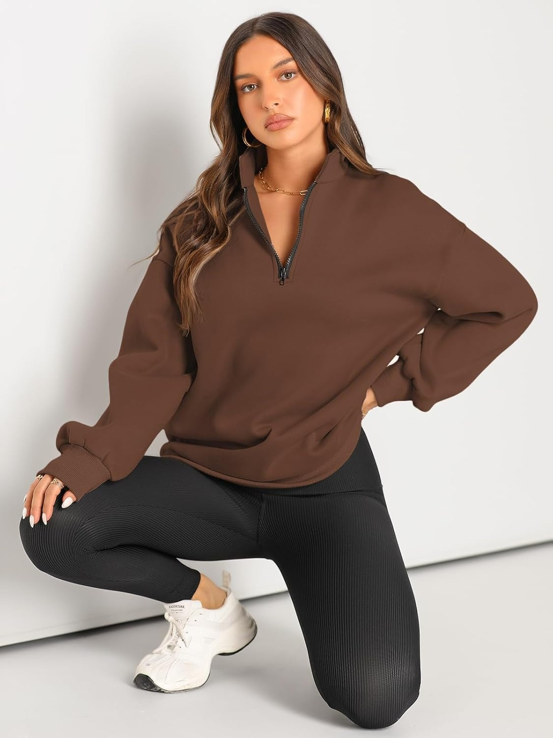 Women’s Oversized Half-Zip Pullover – Cozy Fleece Hoodie with Drop Shoulder & Quarter-Zip Design – Casual Fall and Winter Sweatshirt