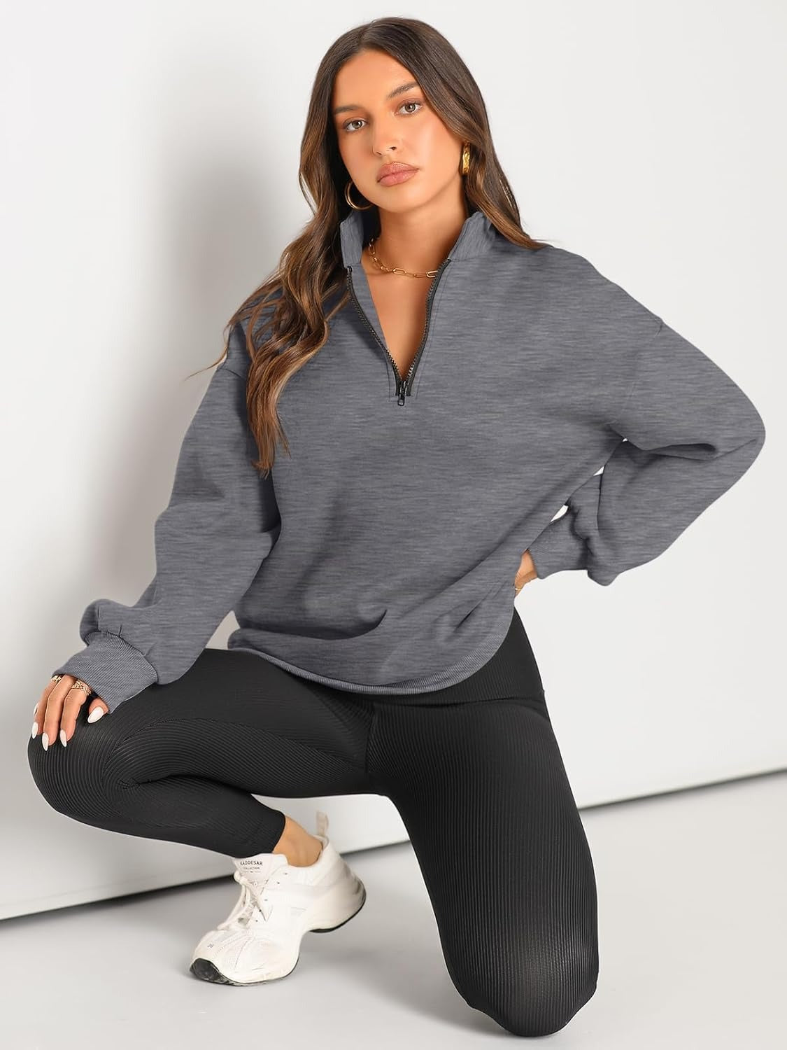 Women’s Oversized Half-Zip Pullover – Cozy Fleece Hoodie with Drop Shoulder & Quarter-Zip Design – Casual Fall and Winter Sweatshirt