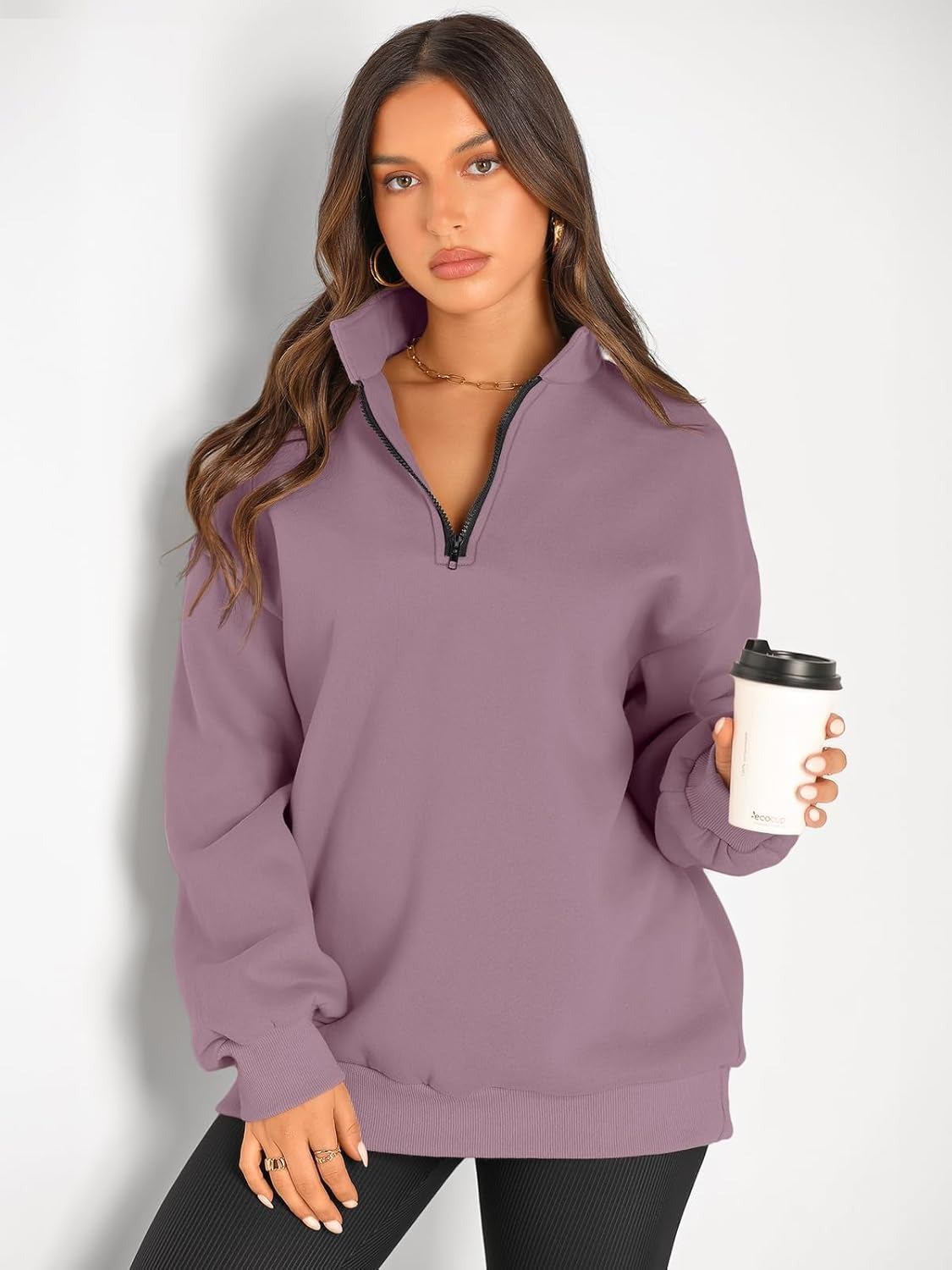 Women’s Oversized Half-Zip Pullover – Cozy Fleece Hoodie with Drop Shoulder & Quarter-Zip Design – Casual Fall and Winter Sweatshirt