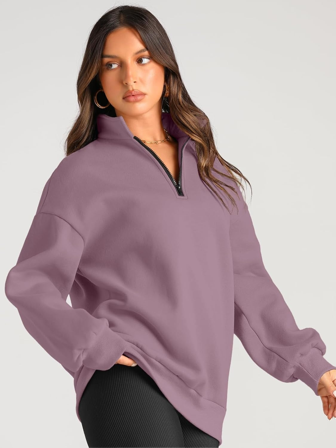 Women’s Oversized Half-Zip Pullover – Cozy Fleece Hoodie with Drop Shoulder & Quarter-Zip Design – Casual Fall and Winter Sweatshirt