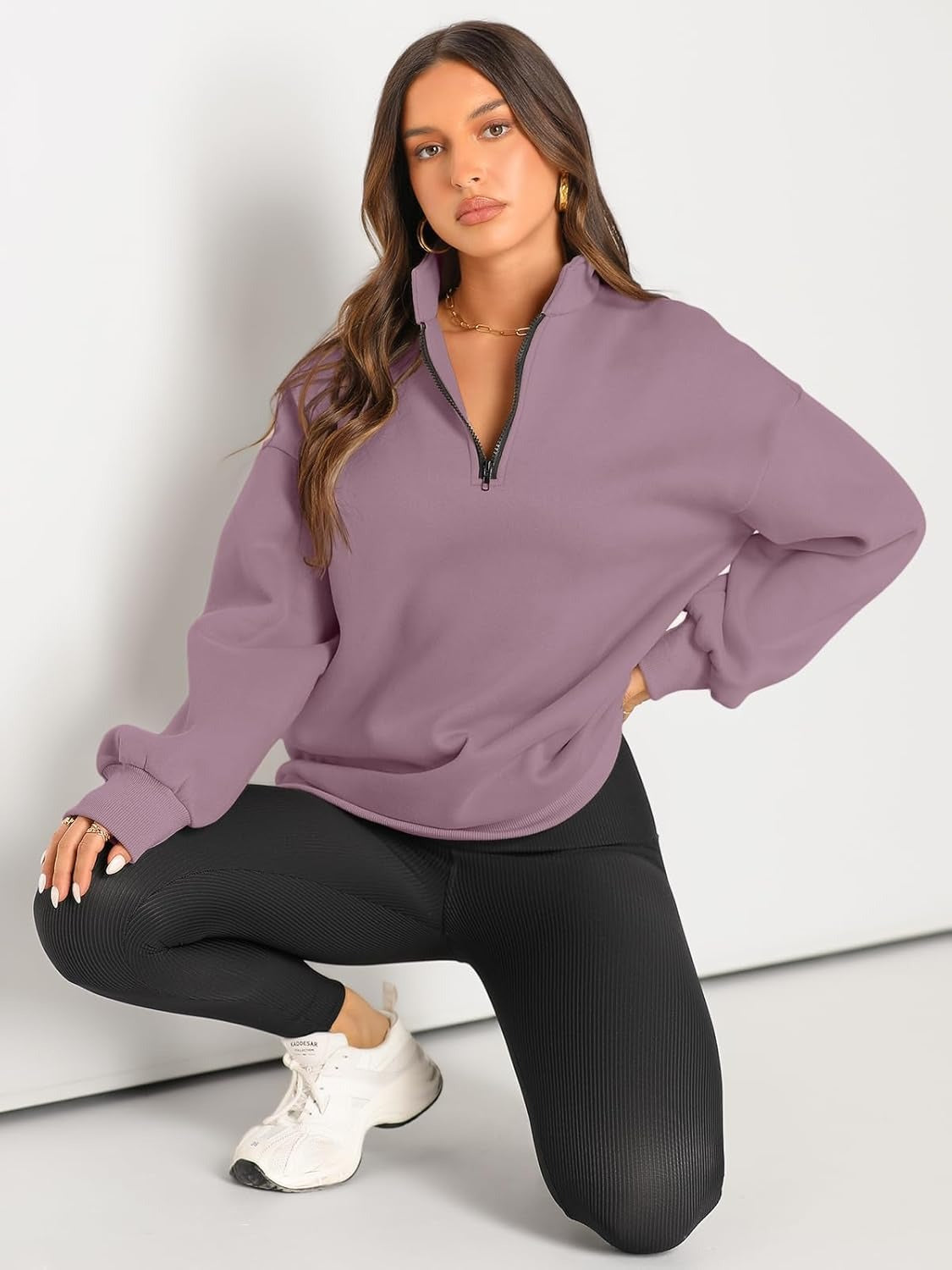 Women’s Oversized Half-Zip Pullover – Cozy Fleece Hoodie with Drop Shoulder & Quarter-Zip Design – Casual Fall and Winter Sweatshirt