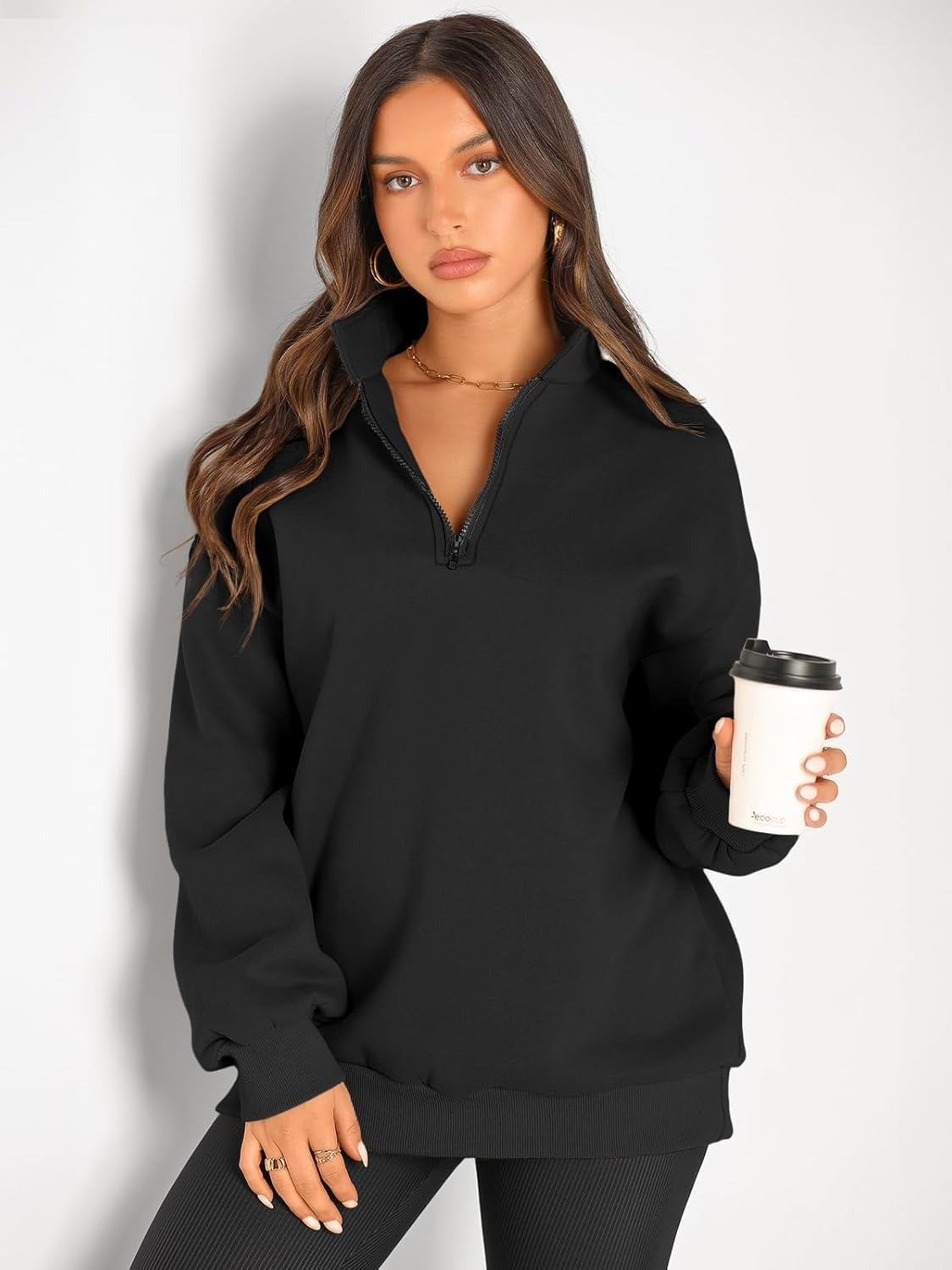 Women’s Oversized Half-Zip Pullover – Cozy Fleece Hoodie with Drop Shoulder & Quarter-Zip Design – Casual Fall and Winter Sweatshirt