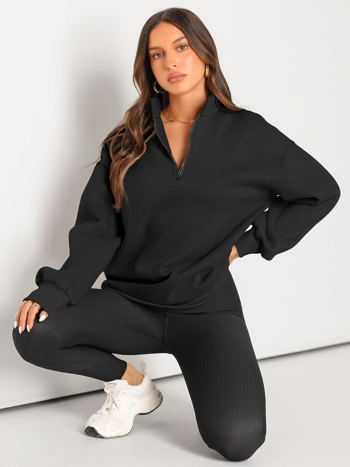 Women’s Oversized Half-Zip Pullover – Cozy Fleece Hoodie with Drop Shoulder & Quarter-Zip Design – Casual Fall and Winter Sweatshirt
