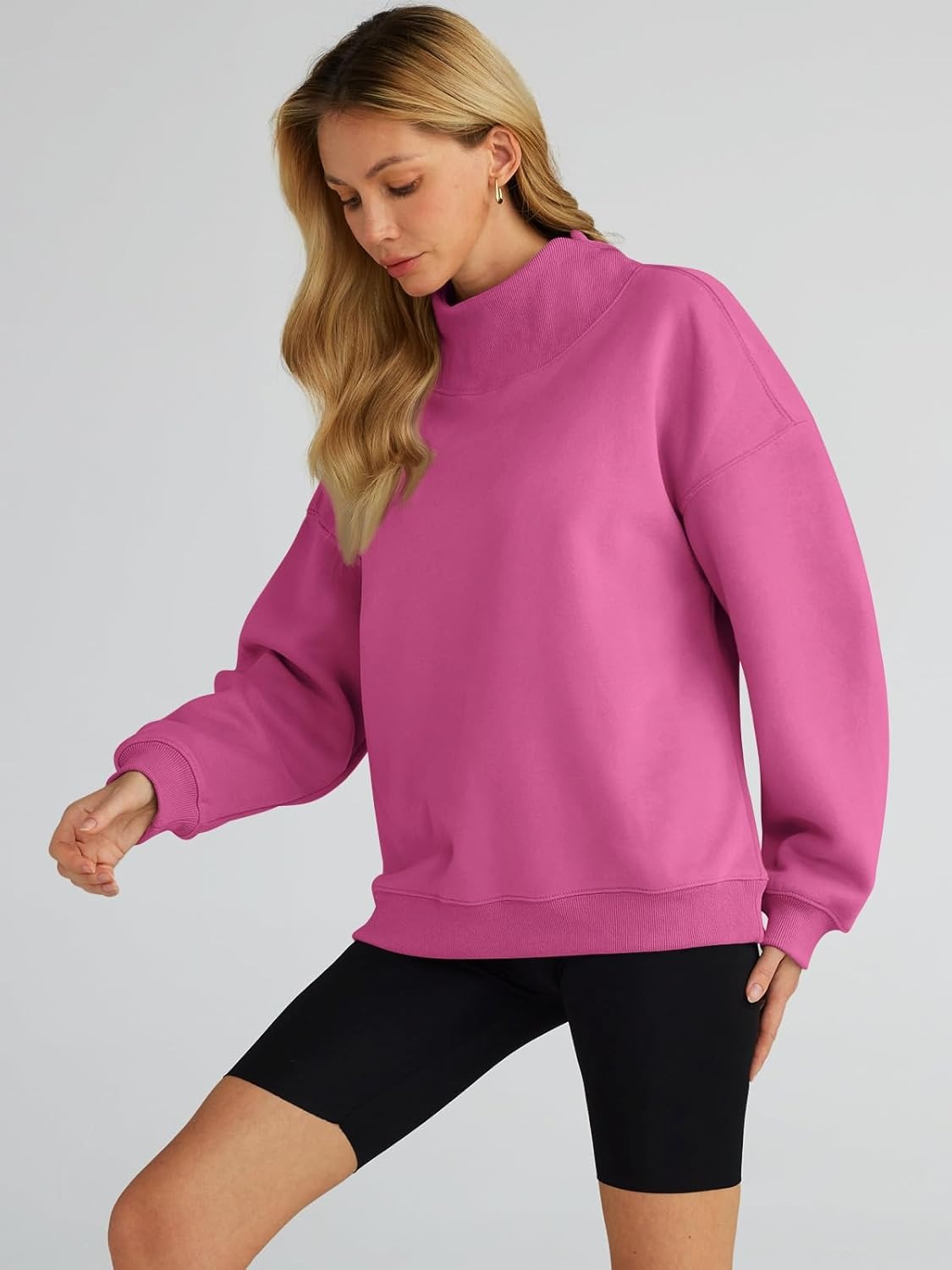 Women's Turtleneck Sweatshirt - Oversized Drop Shoulder Pullover with Fleece Lining