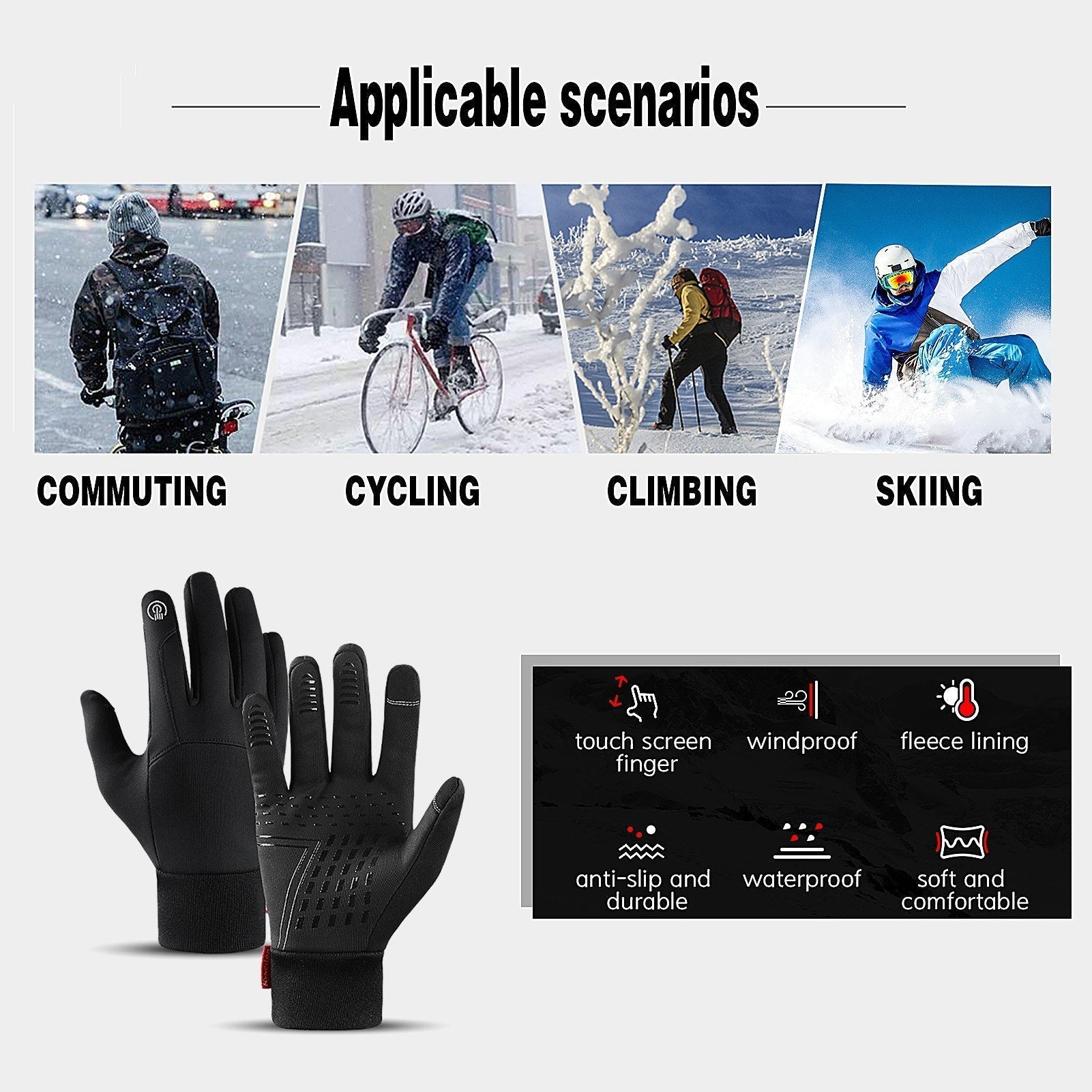 Waterproof Windproof Cycling Gloves for Men & Women - Fleece Lined, Touchscreen, Anti-Slip, Full-Finger Ski Gloves