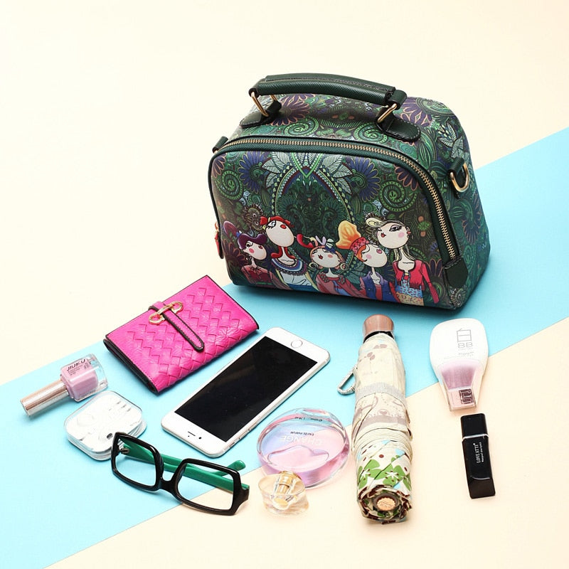 High Quality Pu Leather Ladies Ladies Green Cartoon Handbag Shoulder Bag Female Handbag - Sheseelady