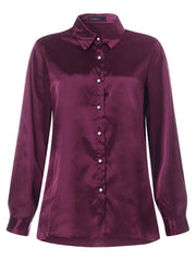 Satin Pearl Button Long Sleeves Solid Color Shirts For Women