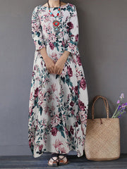 Vintage Floral Print Cotton Loose Maxi Dress with Side Pockets