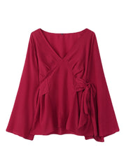 Plus Size Women Solid Color V-Neck Knotted Side Casual Long Sleeve Blouses