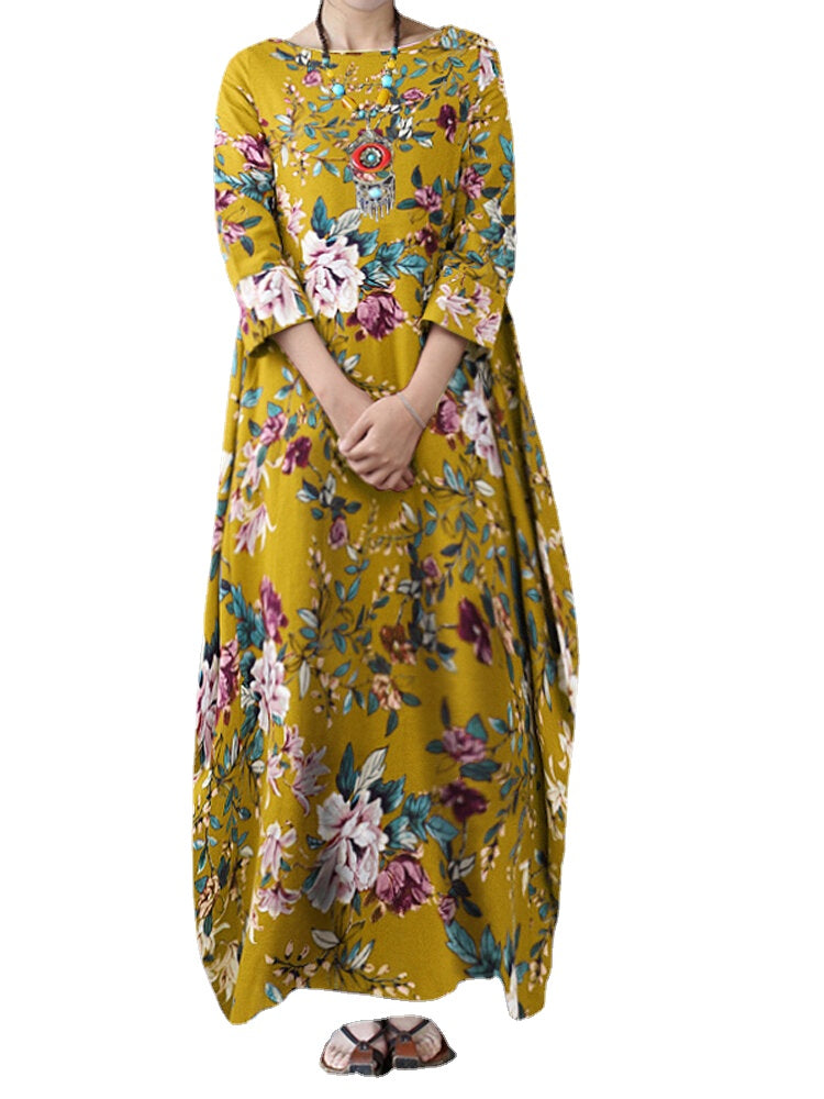 Vintage Floral Print Cotton Loose Maxi Dress with Side Pockets