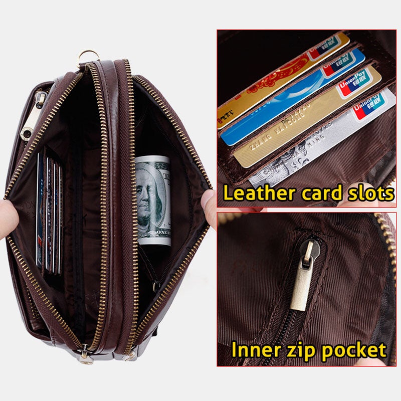 Men First Layer Cowhide Multi-pocket Horizontal Clutch Bags Retro Large Capacity 6.5 Inch Phone Bag