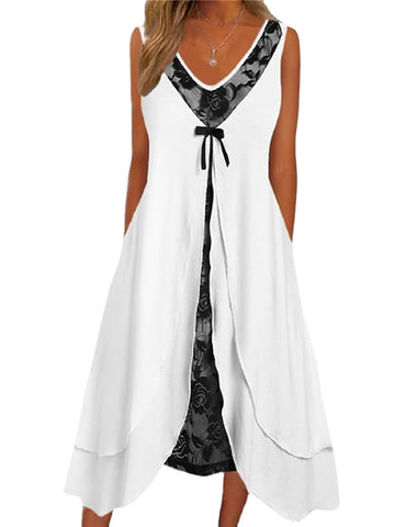 Women's Casual Dress Tank Dress Summer Dress Floral Layered Fake two piece V Neck Midi Dress Active Fashion Outdoor Daily Sleeveless Regular Fit White Spring Summer