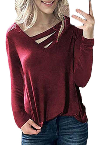 Women Solid Color V-Neck Hollow Out Long Sleeve Plus Size Blouse