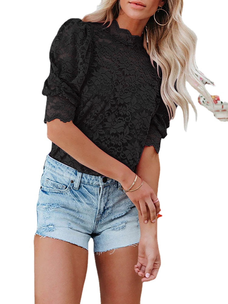 Solid Lace Puff Sleeve Half Collar Blouse