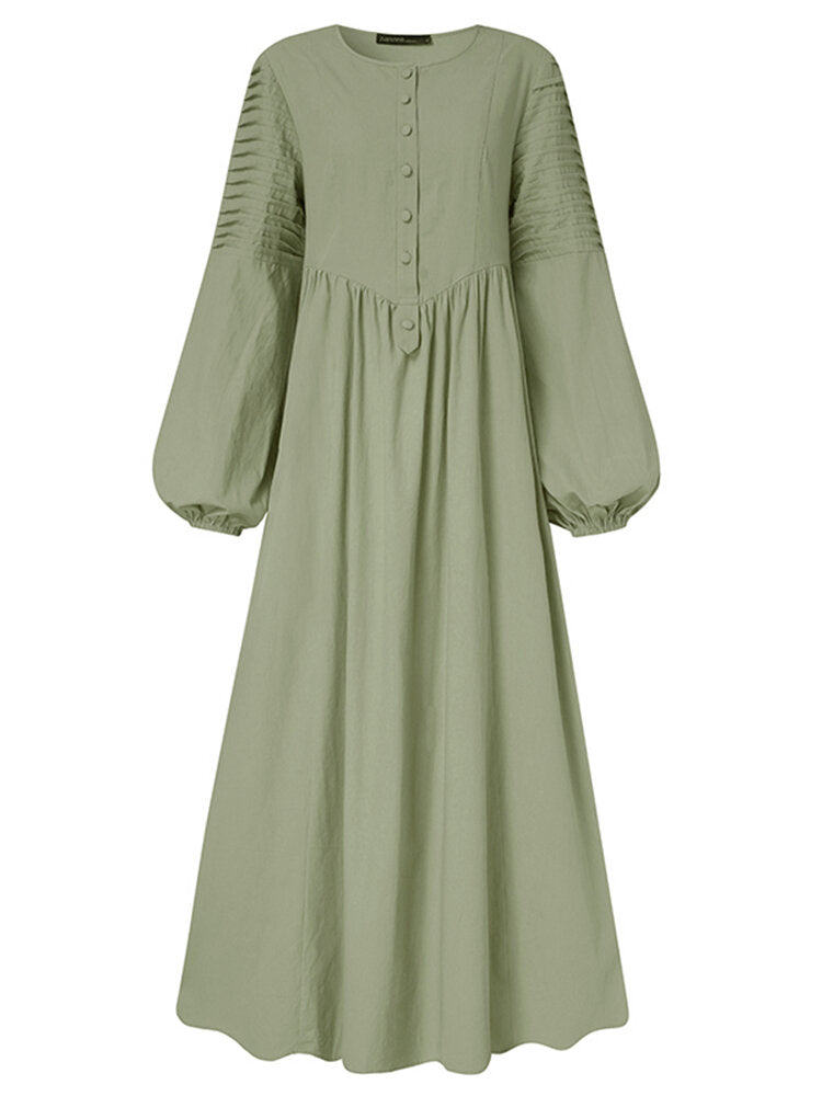 Women Cotton Puff Sleeve Pleated Round Neck Solid Color Swing Maxi Dress