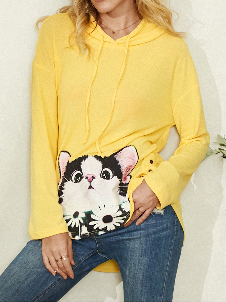 Cartoon Cat Flower Print Side Button Drawstring Curved Hem Pullover Hoodie For Women