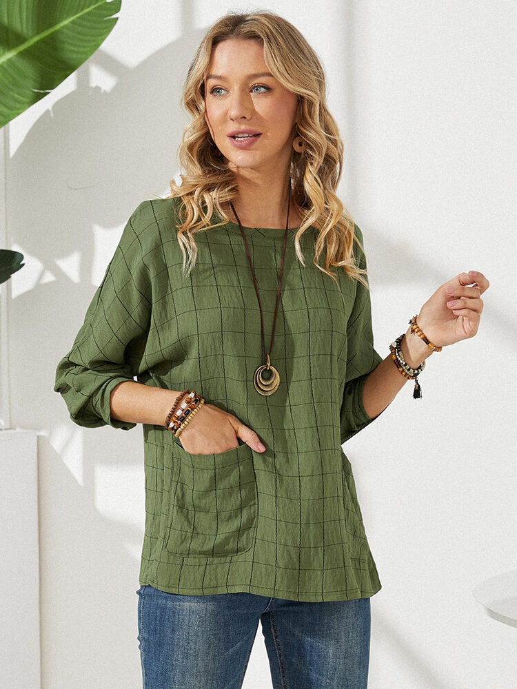 Plaid Long Sleeve Round Neck Loose Front Pocket Casual Blouse For Women