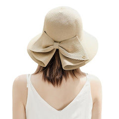 Women Foldable Rear Split Design Bow Straw Hat Adjustable Breathable Summer Casual Wild Sunshade Bucket Hat