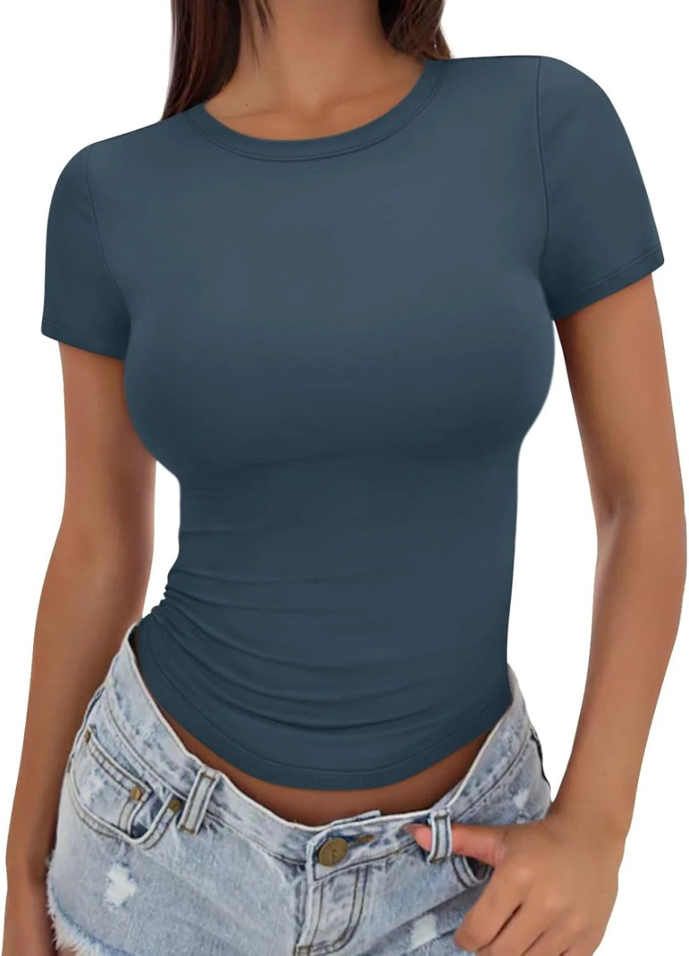 Womens Basic Short Sleeve Slim Fit T Shirts Soft Crewneck Crop Tee Summer Cute Gym Fashion Clothes