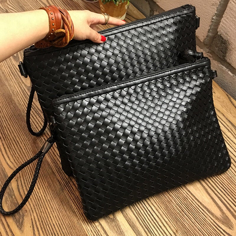 Unisex Faux Leather Woven Pattern Solid Color Business A4 Paper File Bag Envelope Clutch