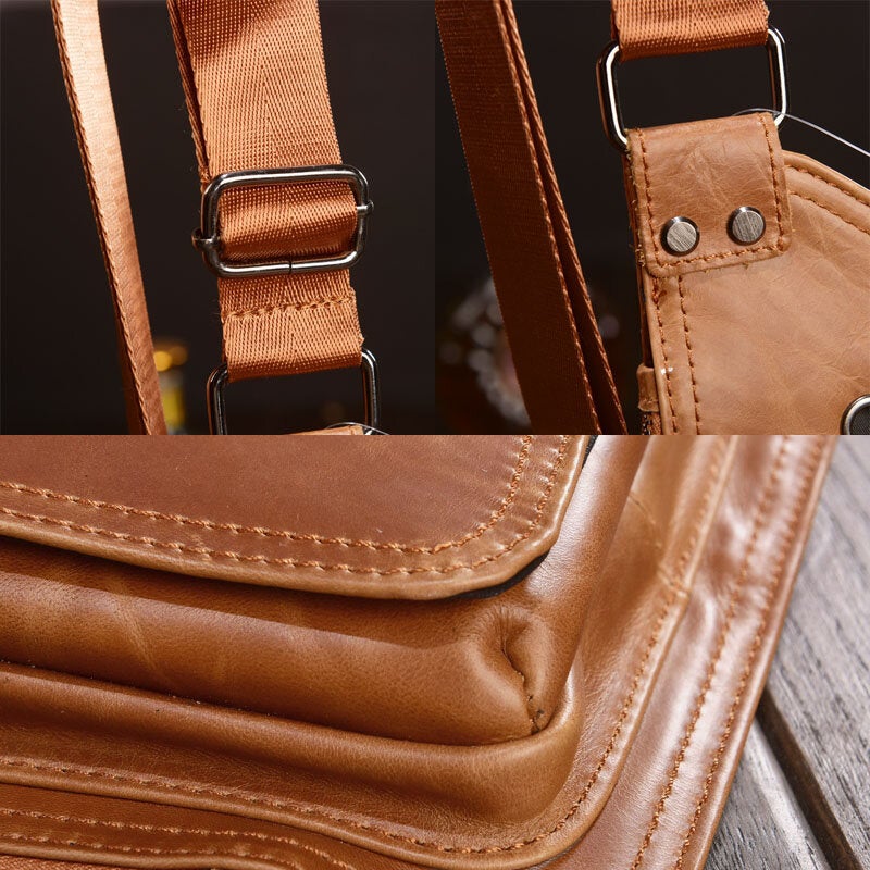 Men Genuine Leather Retro Multifunction Earphone Hole Crossbody Bag Chest Sling