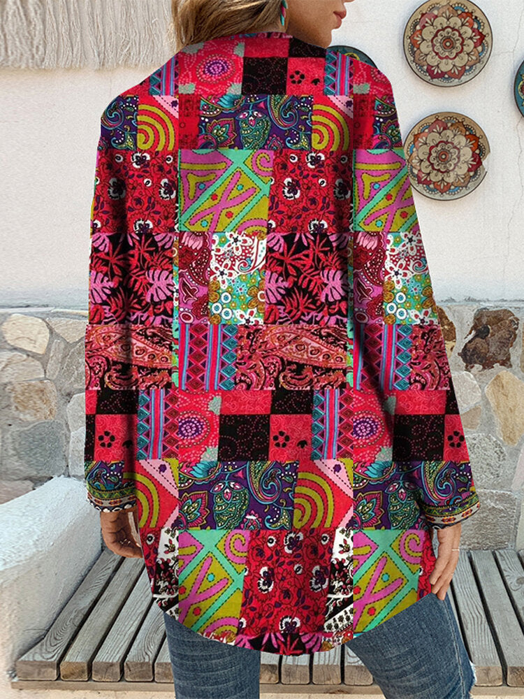 Women Retro Floral Print Patchwork Long Sleeve Irregular Cotton Ethnic Style Vintage Cardigans