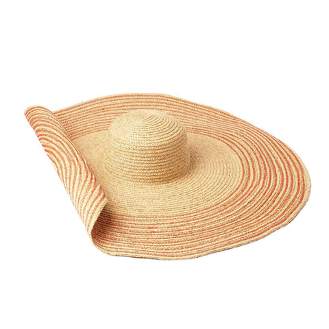 Woman Handmade Wild Brim Visor Color Stripe Vacation Beach Sun Hat Natural Raffia Rolled-up Brim Straw Hat