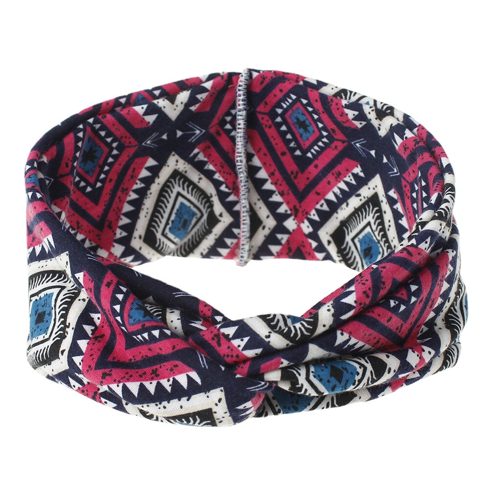 Women Bohemian Style Diamond Lattice Pattern Casual Outdoor Headdress Elastic Cross Tie Wide Brim Headband