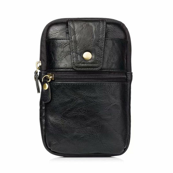 Men Genuine Leather Double Zipper Waist Bag Crossbody