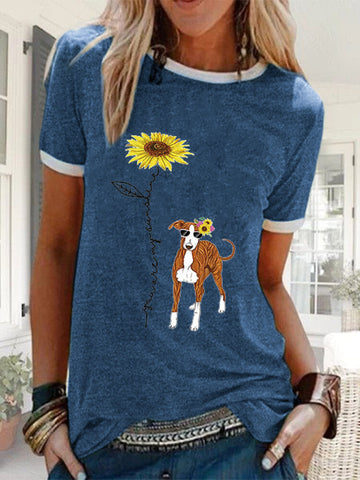 Cartoon Floral Dog Printed Short Sleeve Casual Loose T-shirt