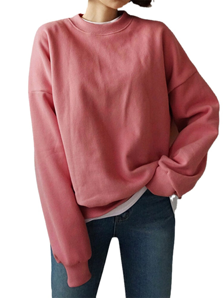 Women Solid Color Thick Round Neck Puff Sleeve Narrow Cuff Long Sleeve Pullover Sweatshirt