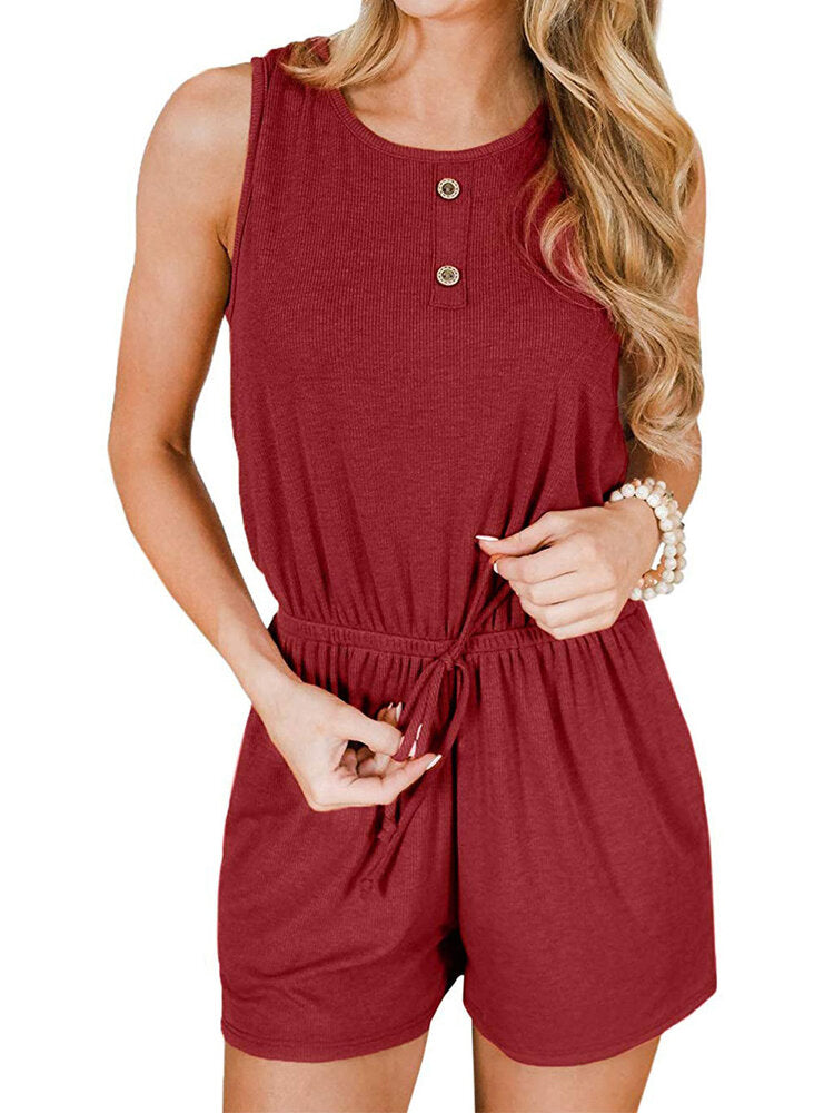 Casual Women O-neck Sleeveless Drawstring Waist Button Short Jumpsuits