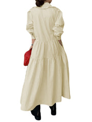 Women Solid Tiered Doll Collar Long Sleeve Casual Maxi Dresses