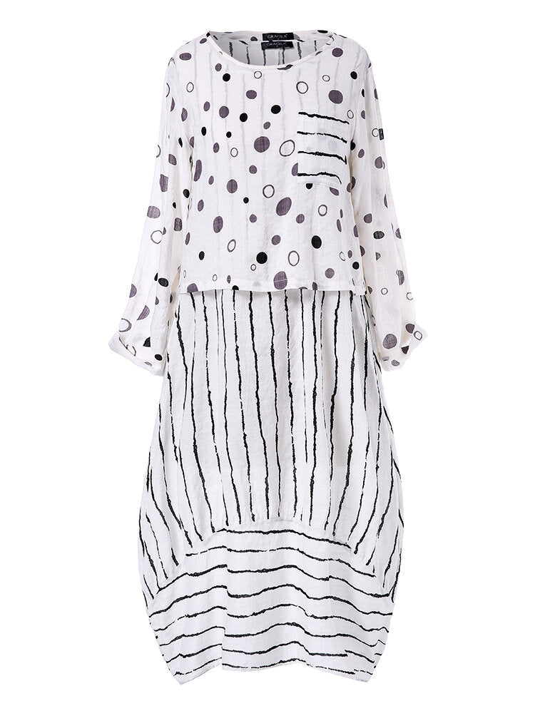 Vintage Print Polka Dots Striped Two-piece Maxi Dress