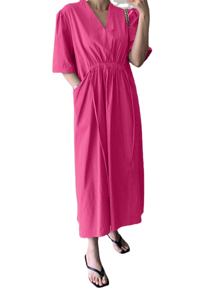 Solid Ruched Pocket Knotted V Neck Midi Casual Dress