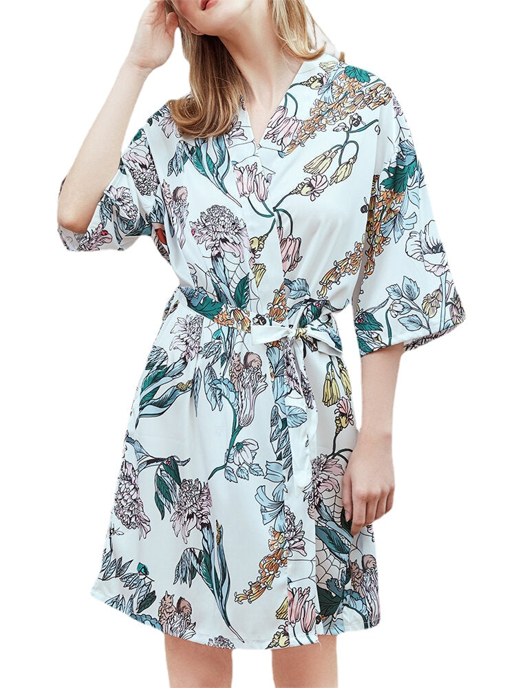 Plus Size Women Floral Print Half Sleeve Faux Silk Smooth Sleepwear Robes