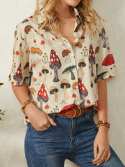 Casual Mushroom Print Lapel Collar Half Sleeve Button Blouse For Women