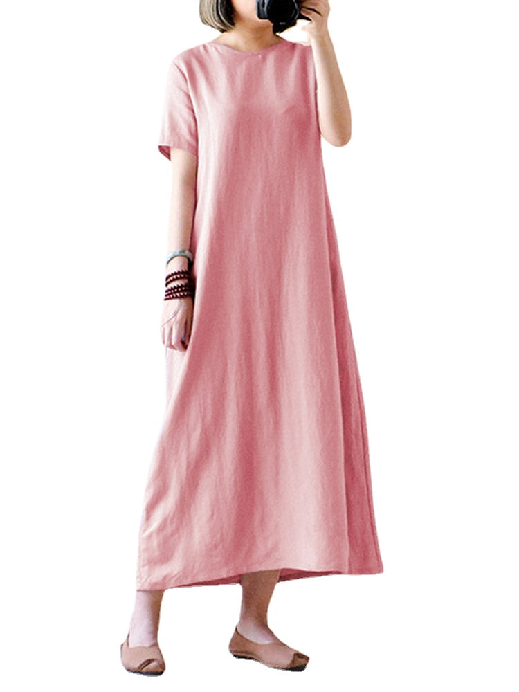 Celmia Women Vintage Short Sleeve Cotton Loose Maxi Dress