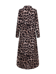 Women Leopard Print Lapel Long Sleeve Side Pockets Shirt Maxi Dress