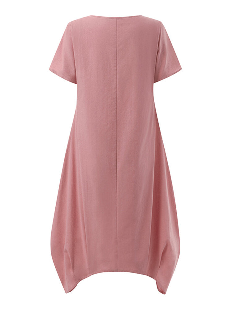 Solid Pocket Ruched Round Neck Short Sleeve Midi Dress