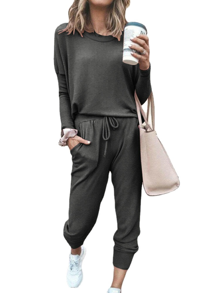 Women Daily Casual Home Solid Color Sweatshirt Sports Two-piece Set Pants Tracksuit