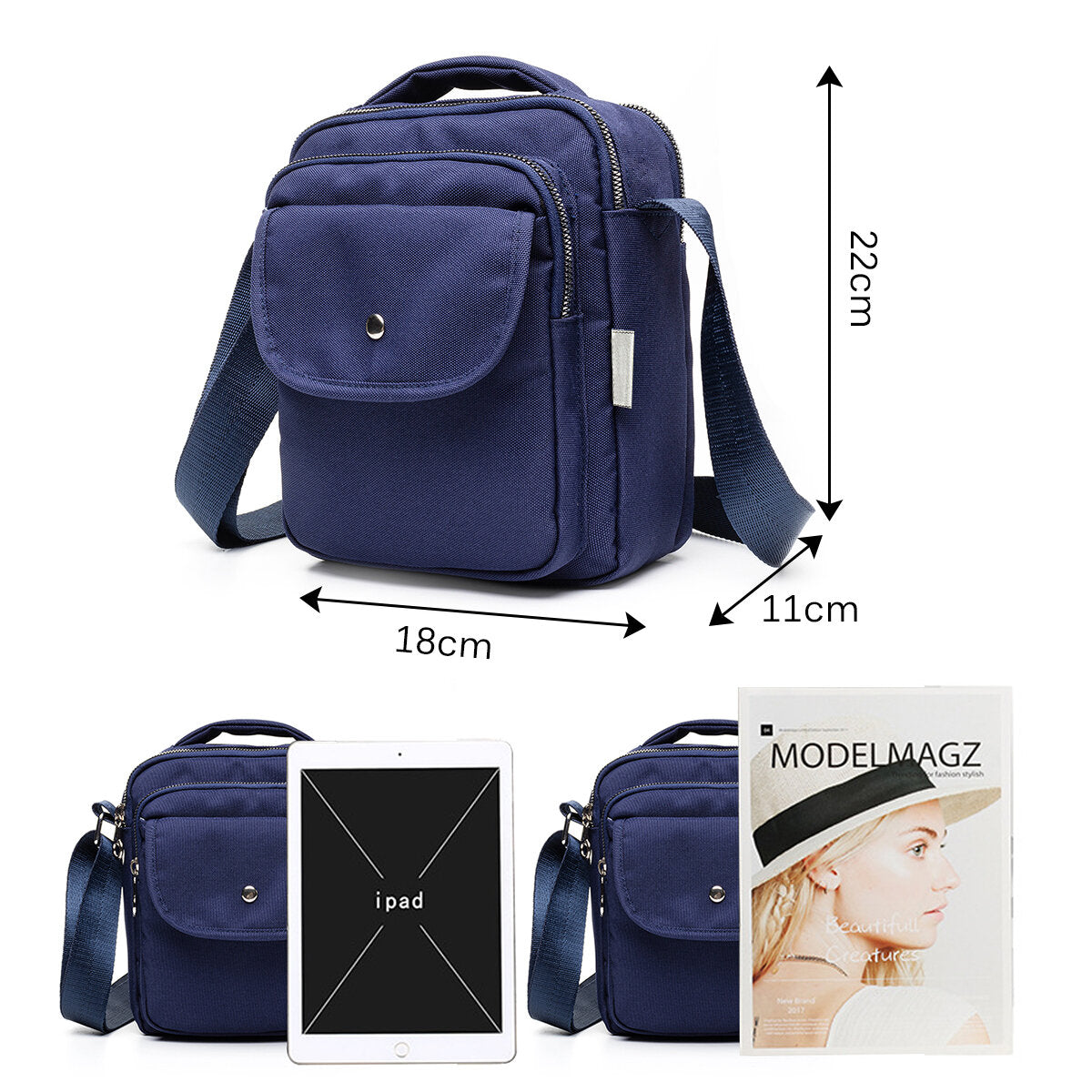 Women Nylon Large Capacity Zipper Crossbody Bag Multi-compartment Shoulder Messenger Bag