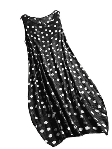 Women's Sleeveless Polka Dot Print Crew Neck Swing Boho Dress
