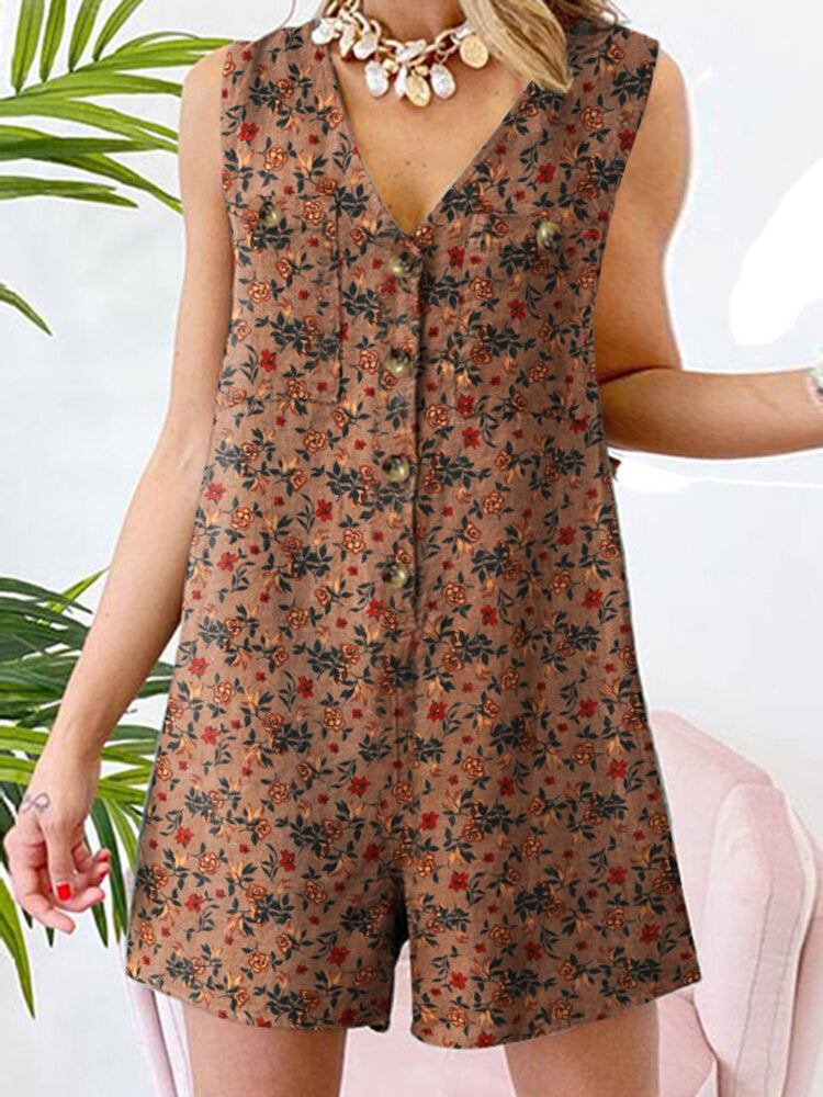 Leisure Calico Button Pocket Sleeveless V Neck Cotton Romper