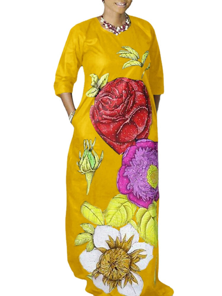 Flower Printing Side Pockets Europe Style Fashion Maxi Dress