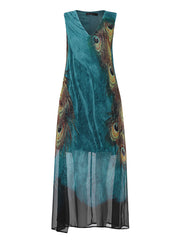 Women Sleeveless Peacock Print Bohemia Beach Long Maxi Dress