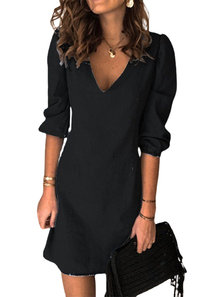 Women V-Neck 3/4 Sleeve Casual Demin Mini Shirt Dresses